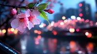 Pink cherry blossoms against blurred city lights at dusk create dreamy spring atmosphere with bokeh effect and reflections on water surface.