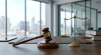 Wooden gavel and golden scales of justice on desk in modern law office with city skyline view through windows for legal services and attorney work.