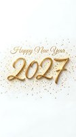 Happy New Year 2027 greeting card with gold metallic numbers and text on white background with golden sparkles and stars for festive celebration.