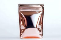 Metallic rose gold foil zip lock pouch packaging on white background, reflective surface with modern minimalist design for cosmetic or food product mockup.