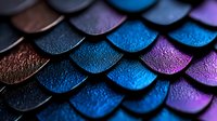 Metallic scales in vibrant blue, purple, and copper tones create mesmerizing pattern with water droplets on surface, macro photography showing detailed texture.