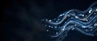 Glowing blue digital wave lines with bokeh particles on dark background, futuristic data flow concept for technology and science design.