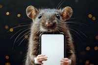 Cute rat holding blank smartphone with empty screen against dark background with bokeh lights, concept for technology or social media.