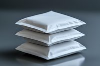 Stack of three white soft pillows with cotton covers on gray background, casting gentle shadows. Clean minimalist composition for bedroom decor and comfort.