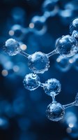 Molecular structure with connected spheres in deep blue tones showing scientific concept of chemistry, biology or medical research. Abstract background for science.