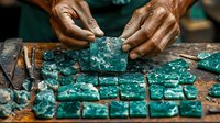 African American artisan hands carefully arranging raw turquoise gemstones on wooden surface, creating organized pattern of rough mineral specimens in jewelry workshop setting.