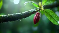 Fresh red cocoa pod growing on tree branch with water drops and green leaves in morning light, natural organic chocolate farming background.