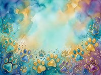 Colorful watercolor background with golden and blue paw prints scattered across turquoise, yellow, and purple washes. Suitable for pet-related designs, animal lovers' projects, and greeting cards.