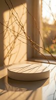 Minimalist white cylindrical podium with dried branches casting shadows in warm sunlight through window, ideal for product display and cosmetic packaging mockups.