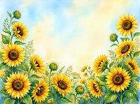 Watercolor sunflower field border with bright yellow blooms and green leaves on a soft blue sky background, perfect for cards and prints.