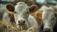 Young white-faced calf looking directly at camera while eating hay, with other cattle in soft focus background. Close up portrait showing curious expression.