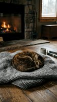 Tabby cat sleeping peacefully on knitted blanket near cozy fireplace in rustic living room with wooden floors and stone hearth creating warm atmosphere.