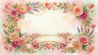 Floral frame with roses, lavender, and hearts on soft pink background with blank banner for text, greetings, invitations, and romantic designs.