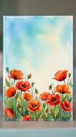 Watercolor painting of red orange poppies with green stems and buds against soft blue sky background for greeting cards and wall art decoration.