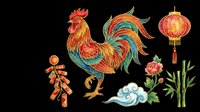 Red and gold rooster with traditional lantern, gingerbread figure, wave motif, peony flower and bamboo stalks isolated on transparent background. Ready for t-shirt design, clipart, stickers and print-on-demand projects.