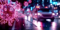 Glowing pink coronavirus cells floating over blurred urban night street with car lights and wet asphalt, medical science concept background.