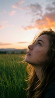 Young woman with long brown hair gazing upward at golden sunset sky over rural green field landscape. Outdoor portrait for lifestyle, nature, and inspirational content.