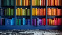 Colorful rainbow arrangement of books on wooden library shelves creates vibrant spectrum display perfect for education, knowledge and literature concepts in interior design and publishing.