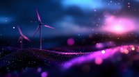 Wind turbine silhouette against mystical night sky with purple aurora and glowing particles. Sustainable energy concept in dreamy atmospheric landscape with bokeh effects.