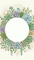 Watercolor succulent wreath with empty circle frame for text, featuring green and purple plants with delicate leaves on light background for wedding invitations.
