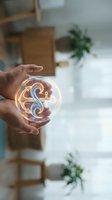 Hands holding glowing dollar sign symbol in transparent sphere representing financial growth and money management in modern office environment.