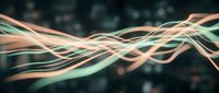 Abstract flowing ribbons in coral pink and mint green colors creating dynamic wave patterns against dark blurred background for modern digital design projects.