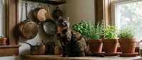 Tabby cat sitting on rustic kitchen windowsill surrounded by hanging copper cookware, potted herbs, and terracotta planters in natural light.