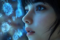 Side profile portrait of young woman with bangs looking at glowing blue particles against dark background, dramatic lighting highlights facial features.