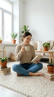 Young woman reading book while drinking coffee in cozy living room with houseplants. Relaxed lifestyle, home comfort, leisure time concept.