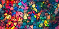 Vibrant stained glass mosaic pattern with geometric triangular shapes in rainbow colors creating kaleidoscopic effect. Abstract background with luminous multicolored segments.