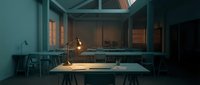 Minimalist workspace at dusk with wooden table, pendant lamp, and chairs in modern loft studio, suitable for creative business and design projects.