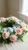Easter wreath with pink roses and speckled blue eggs on rustic wooden table near window for spring holiday decoration and seasonal home styling.