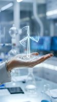 Close-up of hand holding glowing wind turbine hologram in modern laboratory setting, symbolizing renewable energy innovation and sustainable technology development for corporate use.