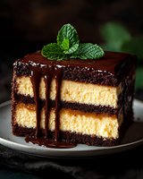 Layered chocolate cake with creamy vanilla filling and rich ganache topping, garnished with fresh mint leaves on dark background, served on plate.