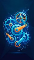 Glowing blue and orange gears with mechanical cranks on dark navy background, futuristic technology engineering concept illustration.