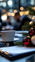 Coffee cup and business documents with Christmas decorations and red baubles on office desk against blurred bokeh lights background. Perfect for holiday business themes.