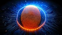 Digital fingerprint scan on blue circuit board background with glowing orange biometric identification pattern for cybersecurity and access control.