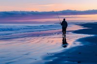 Silhouette of lone fisherman on beach at sunset, dramatic purple and orange sky reflects on wet sand, waves rolling onto shore creating serene coastal atmosphere.