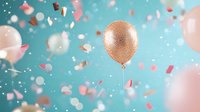 Festive rose gold balloon floating among pink confetti and bokeh lights on turquoise background, celebration party atmosphere with dreamy soft focus effect.