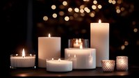 White pillar and votive candles glowing against dark background with soft bokeh lights, creating romantic ambiance for spa, meditation, or holiday decor.