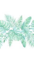Watercolor tropical foliage arrangement with monstera, palm, and fern leaves in soft green tones on white background, isolated for design use.
