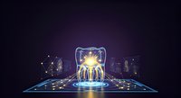 Group of connected people standing inside glowing digital shield on illuminated network map, representing cybersecurity, data protection, and secure business communication technology.