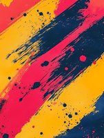 Dynamic diagonal brush strokes in vibrant yellow, pink and navy blue with paint splatters create energetic abstract background pattern for modern design projects.