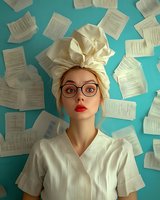Young female healthcare worker in white uniform and head covering with red lipstick and glasses surrounded by floating medical documents against turquoise background.
