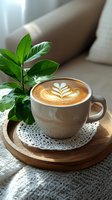Cappuccino with latte art fern design served in beige ceramic cup on wooden tray, decorated with green plant leaves and lace doily, cozy morning setup.