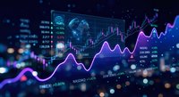 Financial data visualization with glowing purple charts and graphs displaying market trends, stock prices, and global analytics on dark background.