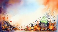 Witch cauldron with glowing green potion surrounded by autumn pumpkins, fall leaves, and magical sparkles on watercolor background for Halloween designs.