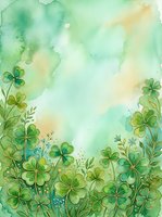 Watercolor shamrock border with lush green four-leaf clovers and floral accents on a soft teal background, perfect for St. Patricks Day cards.