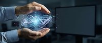 Businessman holding glowing DNA helix hologram between hands, representing genetic research, biotechnology innovation, and scientific discovery in modern laboratory setting.