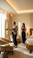 Two professional women discussing business in luxury hotel suite with warm ambient lighting and modern furnishings for hospitality industry presentations.
